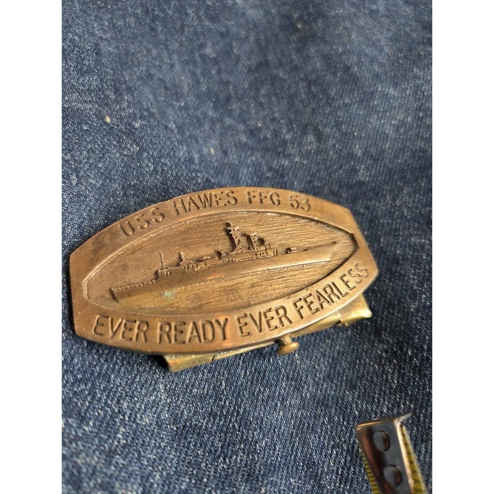 Vintage Solid Brass Military Navy USS Hawes Belt Buckle Made USA